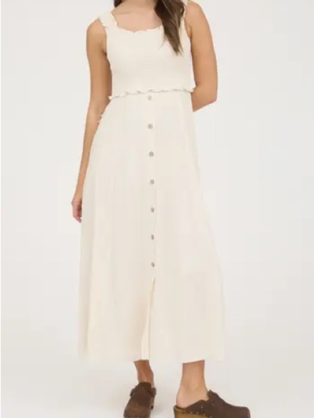 Blu Pepper White Smocked Midi Sundress with Button Front